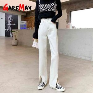 Straight Leg White Jean Loose High Waist Mom Front Side Slit Denim Pants Vintage Stacked 210809