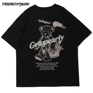 Mäns Oversize Hip Hop T-shirt Streetwear Bear Painting Print T Shirt Sommar Kortärmad Tshirt Harajuku Bomull Casual Top 210601