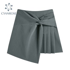 Grå Pleated Crop Skirt Kvinnor Kontor Ladies Zipper Casual Preppy Style Student Hög midja Bandage Kjolar Kvinna Eleganta Kläder 210417