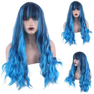 70 cm Falisty Cosplay Syntetyczne Peruki Włosów z Bangs Blue Wig 28 cali Perruques de Cheveux Humains KW-80S