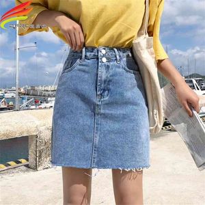 Denim Skirt Women Summer Blue Solid Casual High Waist A Line s Street Pockets Button All-matched Jeans 210629