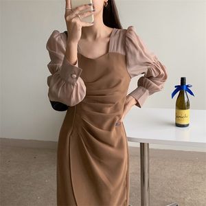 Kobiety Francuski Retro Dress Square Collar Solid Patchwork Długie Delikatne Eleganckie Chic Kobieta Moda Clothe 210525