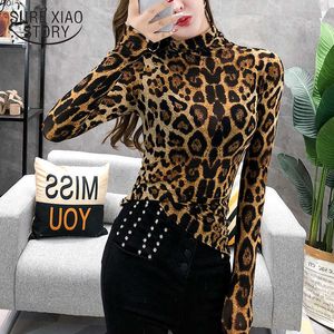 Moda Kobiety Z Długim Rękawem Leopard Bluzka Turtleneck Koszula Ladies Ol Party Top Streetwear Blusas Elegante Plus Size Topy 7704 50 210528