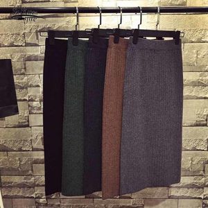 Elegant H-Line Autumn and Winter Bottom Split Solid Woolen Skirt Mid-length Thick Knitted Bottoming Hip 12023 210508