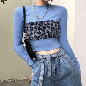 Kawaii Leopard Fur Patched Mock Neck Y2K Crop Top Långärmad Blå Vit T-shirts Kvinnlig Harajuku Tee Shirt För Kvinnor Kläder 210415