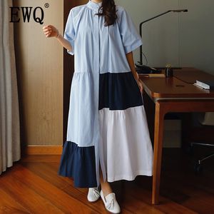 夏の韓国風スタンドネック半袖パッチワーク格子縞のフリルズ緩い綿衣料品トレンド女性のドレスQG937 210510