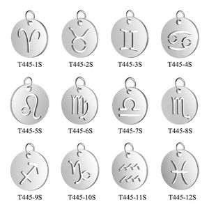 Högkvalitativ rostfritt stål rundform 12 konstellationer Zodiac Charms DIY Fashion Accessroies Armband Halsband Hängsmycke Juvelry 1146 T2