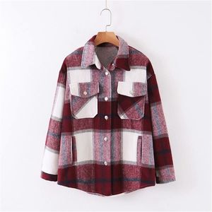 Famale Clothing Vintage Lapel Pocket Oversize Jacket Coat Fashion Slim Långärmad Plaid Ytterwear Chic Top 211014