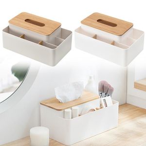 Pudełka do przechowywania Bins Tissue Box Holder z bambusową okładką Kreatywny nowoczesny pulpit zdalnego sterowania organizatora do biura domowego
