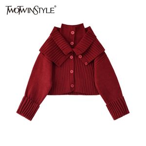 TWOTWINSTYLE Korean Patchwork Bib Sweater For Female Turtleneck Long Sleeve Short Knitted Cardigans Women Autumn Fashionable 210517