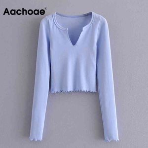 Spring Autumn Women Solid Knit T Shirt V Neck Fashion Short Tops Ruffles Long Sleeve Casual Tshirt Female Ropa Mujer 210413