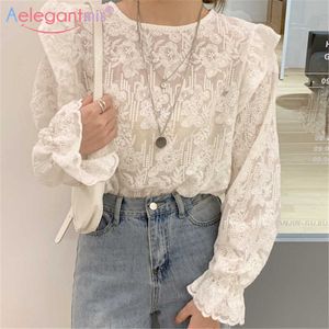 Aelegantmis Stickerei koreanische Spitze Flare -Ärmel O Hals White Bluse Frauen elegante Frühling Vintage weibliche Rüschen Tops 210607