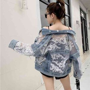 Sommer Langarm Große Größe Jeans Jacke Mantel Lose Spitze Nähte Perspektive Top Jacke Damen Denim Mantel 210914