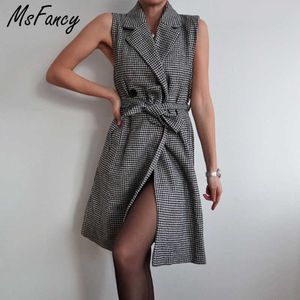 Msfancy Plaid Suit Vest Women Double Breasted Sleeveless Long Coat Lace up Chaleco Mujer Spring Pull Sans Manche 210604