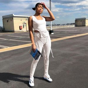 Women's Two Piece Pants Solid Irregular Shirring Sleeveless Vest Top Leisure Sport Slim Women Set Casual Bright Line Decoration Trousers