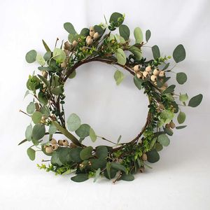 Artificial Green Eucalyptus Leaves Wreath with Big Berries and Clusters of FlowersGreenery Wreath for Front Door Wall Window Dec Q0812