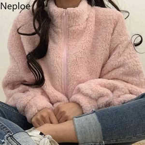 Neploe mulheres coreanas jaqueta peludo espessado zíper headwear outwear roupas de inverno solto cor sólida cordeiro lã casaco fêmea 210422
