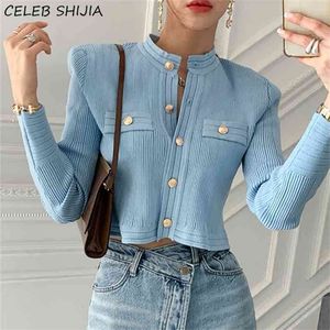 Chic Blue Strikkad Cardigan Woman Gold Button Vintage Sweater Kvinna Enstaka Breasted Business Beskuren Toppar 210914