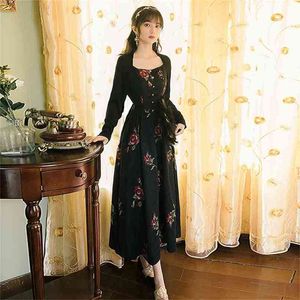 Tam Kollu Akşam Parti Gece Elbise Çiçek Nakış Siyah Uzun Kadın Ayak Bileği Uzunlukta Vintage Jacquard 210603