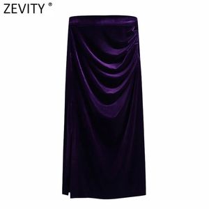 Kvinnor mode pläter draped sarong midi kjol faldas mujer kvinnlig split sammet vestido tillbaka dragkedja slim kjolar qun721 210416