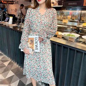 Spring Chiffon Floral Printed Women Dress Flare Sleeve V-neck Sashes Long Elegant Fashion Korean Ladies Vestido Femme 210513