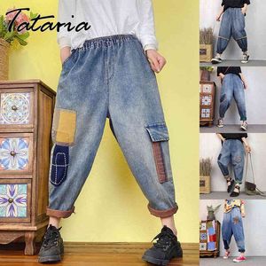 Harem Pants Women Embroidery Patchwork Casual Loose Jeans Elastic Waist Cotton Denim Vintage Ankle Length Trouser 210514