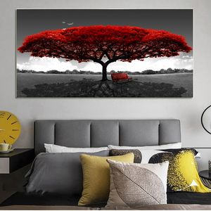 Современная красная скамейка на дереве, пейзажные картины для гостиной, черно-белые художественные декоративные картины, падение