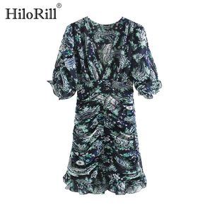 Floral Print Bodycon Beach Mini Dress V Neck Butterfly Sleeve Short es Summer Ruffles Chiffon Sundress Robe 210508