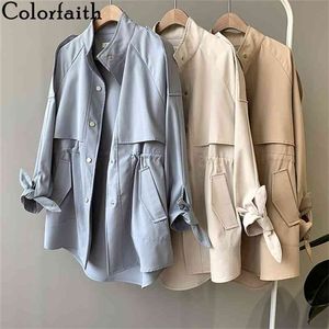 Colorfaith outono inverno mulheres cargas windbreaker cordão bolsos vintage outerwear trench tops jk0241 210812