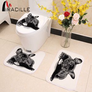 Miracille Cute Black French Bulldog Drukuj 3 sztuk / zestaw Pokrywa Siedzenia WC Łazwa wewnątrz antypoślizgowa koralowa rowek mata podłoga wanna wystrój 210724