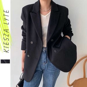 Kvinnor Woolen Blazer Jacket Vinter Koreansk Fashion Minimalistisk Svart Varm Cashmere Coat Stylish Kvinna Outwear 210608