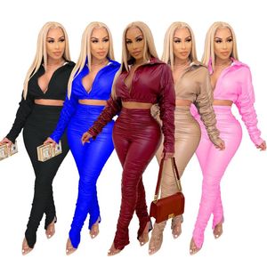 Mulheres de duas peças Pant PU Faux Leather empilhado Sexy 2 Set Tracksuit Masculino Hight Elastic Hight Ruched Manga Longa Crop Top e Split Hem Bandagem S-2XL por DHL