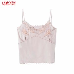 Women Sexy Pink Emboridrey V Neck Camis Crop Top Spaghetti Strap Sleeveless Backless Short Blouses Shirts Tops 6H34 210416