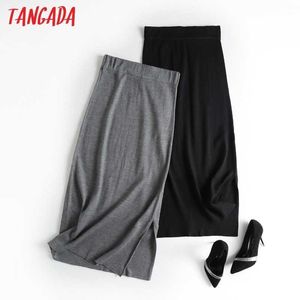 Tangada Women Grey Knit Midi Skirt Faldas Mujerヴィンテージウエストストリテオフィスレディースエレガントなシックミッドカーフスカート6D79 210609
