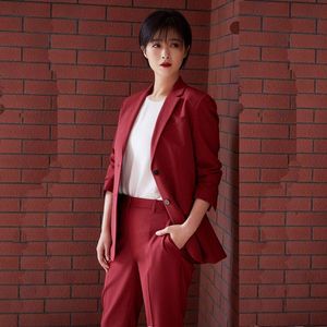 Women's Suits Burgundy Single-breasted Suit Set Female Fashion Casual 2 Piece Blazer With Trousers Business Wear Two Pants