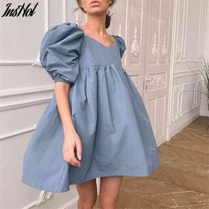 Green O Neck Casual Kobiety Sukienka Latarnia Krótki Rękaw Solid Pink Mini Damskie Elegancka Linia Summer Es Bawełna 210623