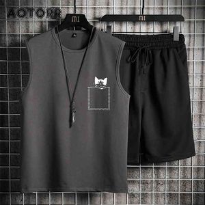 Sommar män Casual Sport Suit Quick Dry Jogger Shorts Set Vest + Shorts Satser Male Tracksuit Bomull Andas Sportswears 3XL 4XL 210722