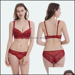 Bras Sets Womens Underwear Apparel Sexy Transparent Bow Set Wine Red Unlined Back Closure Bra For Women Think Lace Adjusted-Straps Drop Deli