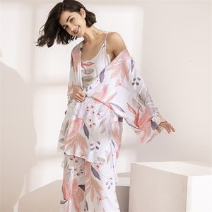 SELLING 3Pcs Soft Pajama Set For SPRING & FALL Ladies Sleepwear Floral Printed Pink Leaves Cardigan+Camisole+Pants Homewear 210809