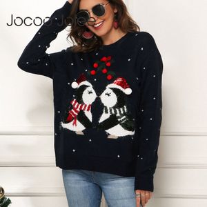 Winter Christmas Sweater Women Long Sleeve Penguin Printed Loose Pullovers Casual Warm Thick Knitted Tops Jumpers 210428