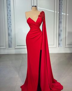 Elegant Red Mermaid Evening Dresses One Shoulder Long Sleeve Dubai Arabic Side Split Handmade Flowers Beadings Floor Length Prom Dress Vestidos De Fiesta Custom