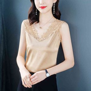 Korean Silk Women Blouses Tops Woman Satin Lace Blouse V-neck Shirts Plus Size Elastic Sleeveless 210427