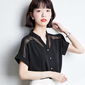 韓国のファッションレディーストップスとブラウスシフォン女性半袖オフィスの女性白いシャツプラスサイズXXLレディース210531