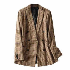 Vintage Women Plaid Brwon Blazer Jacket Fashion Ladies Double Breasted Suits Casual Female Streetwear Chic Girl 210430