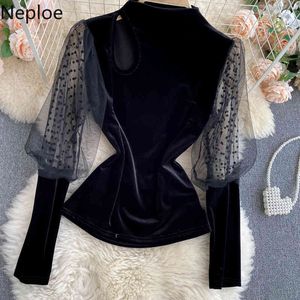 Neploe Blusas Mujer De Moda Sweet Puff Sleeve Sexy Ollow Out Shirts Temperament Vintage Blouse Patchwork Gauze Velvet Tops 210422