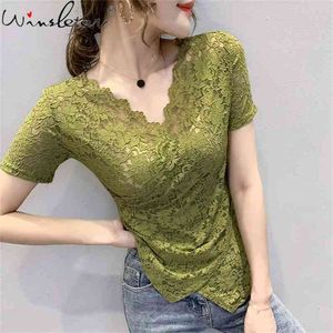 Lace T Shirt Women Simple Fashion T-shirt Solid Oregulära Kortärmad Toppar Koreanska Sexiga V-Neck Bomull Tees + Bandeau T05504B 210421