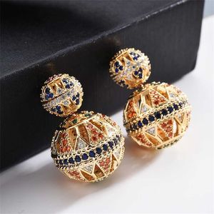 Luxury Hollow Designer Colorful Zircon Two Side Ball Stud Earrings Vintage Enthic Jewelry For Women Party Gift Zk30 220125