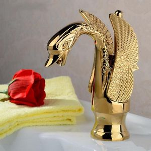 Bathroom Sink Faucets Luxury Gold Color Brass Swan Faucet Animal Shape Carved Basin Mixer Tap Single Handle Deck Mount Agf009