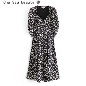 Fashion Party Eveing Chic Floral Print Long Dress Women Sexy Deep V-neck Sleeve Dresses Female Vestido De Moda 210514