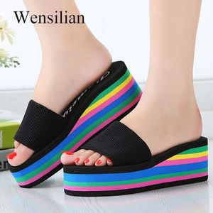 Yaz Sandalet Kadınlar Wees Platform Banyo Terlik Plaj Çevirme Gökkuşağı Kalın Topuk Bayanlar Renkli Ayakkabı Zapatos Mujer X0526
